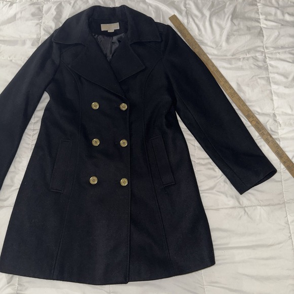 Michael Kors Women's Black Size 10 Double-Breasted Wool Blend Coat Long Metal - Picture 3 of 11